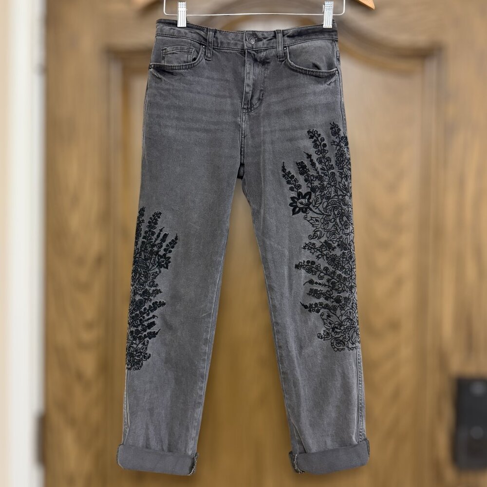 We The Free People Floral Embroidered Gray Jeans Boho Raw Hem Size 25